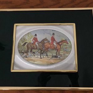 Framed metallic foil art print men riding horses running dogs